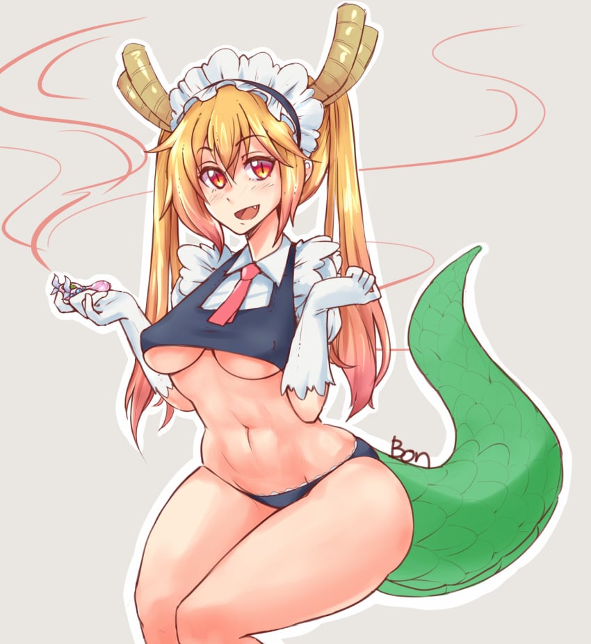 1girls big_breasts blonde_hair dragon_girl dragon_horns dragon_tail lewd.commander light-skinned_female maid maid_headdress miss_kobayashi's_dragon_maid monster_girl orange_eyes panties sitting thick_thighs tohru_(dragon_maid) twintails underwear