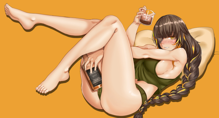 1girls alcohol blush chiyo_goya feet girls'_frontline legs m16a1_(girls'_frontline) sideboob solo solo_female thighs