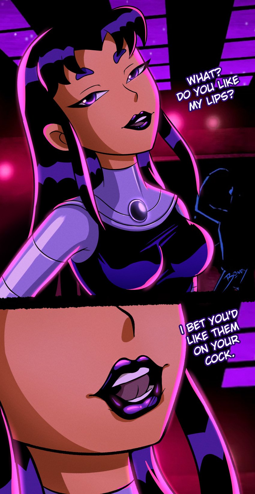 1girls 2023 2d 2koma big_breasts black_hair blackfire boney_(artist) breasts dc dc_comics english_text female female_only goth komand'r light-skinned_female light_skin lips lipstick lipstick_mark long_hair looking_at_viewer open_mouth purple_eyes purple_lipstick round_teeth talking_to_viewer tan-skinned_female tan_skin teen_titans thick_eyebrows tongue turtleneck upper_body upper_body_focus