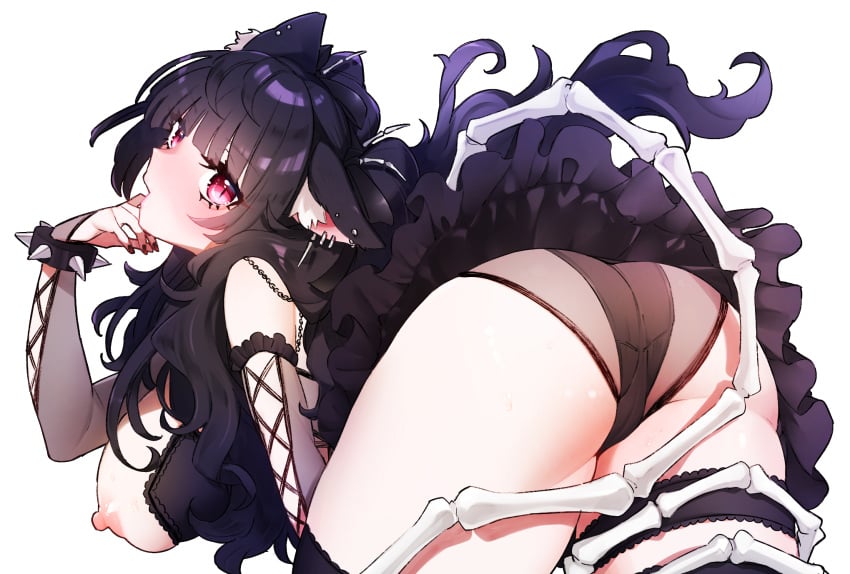 1girls ass ass_focus black_hair black_nails blush bone_tail breast_slip breasts butt_focus cameltoe cat_ears cat_tail catgirl female female_only finger_in_mouth frilled_dress frills fy_mikan indie_virtual_youtuber kemonomimi light-skinned_female light_skin looking_at_viewer looking_back nail_polish nekomimi nekrolina painted_nails panties piercings pink_eyes slit_pupils solo tail thigh_strap virtual_youtuber vtuber