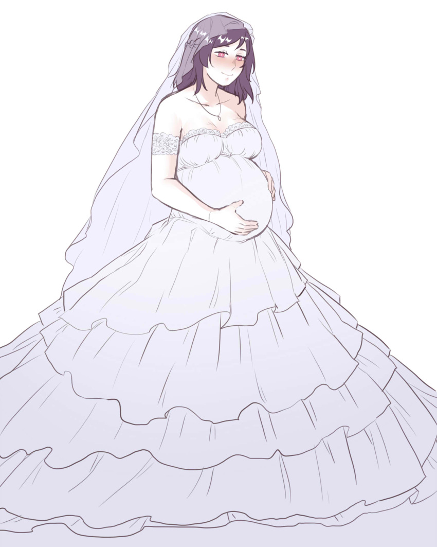 1girls braid bridal_veil bride dress fault_milestone female gown holding_belly lace long_dress motherly necklace pink_eyes pregnant purple_hair ritona_reighnvhasta solo veil wedding_dress wedding_veil white_dress wholesome