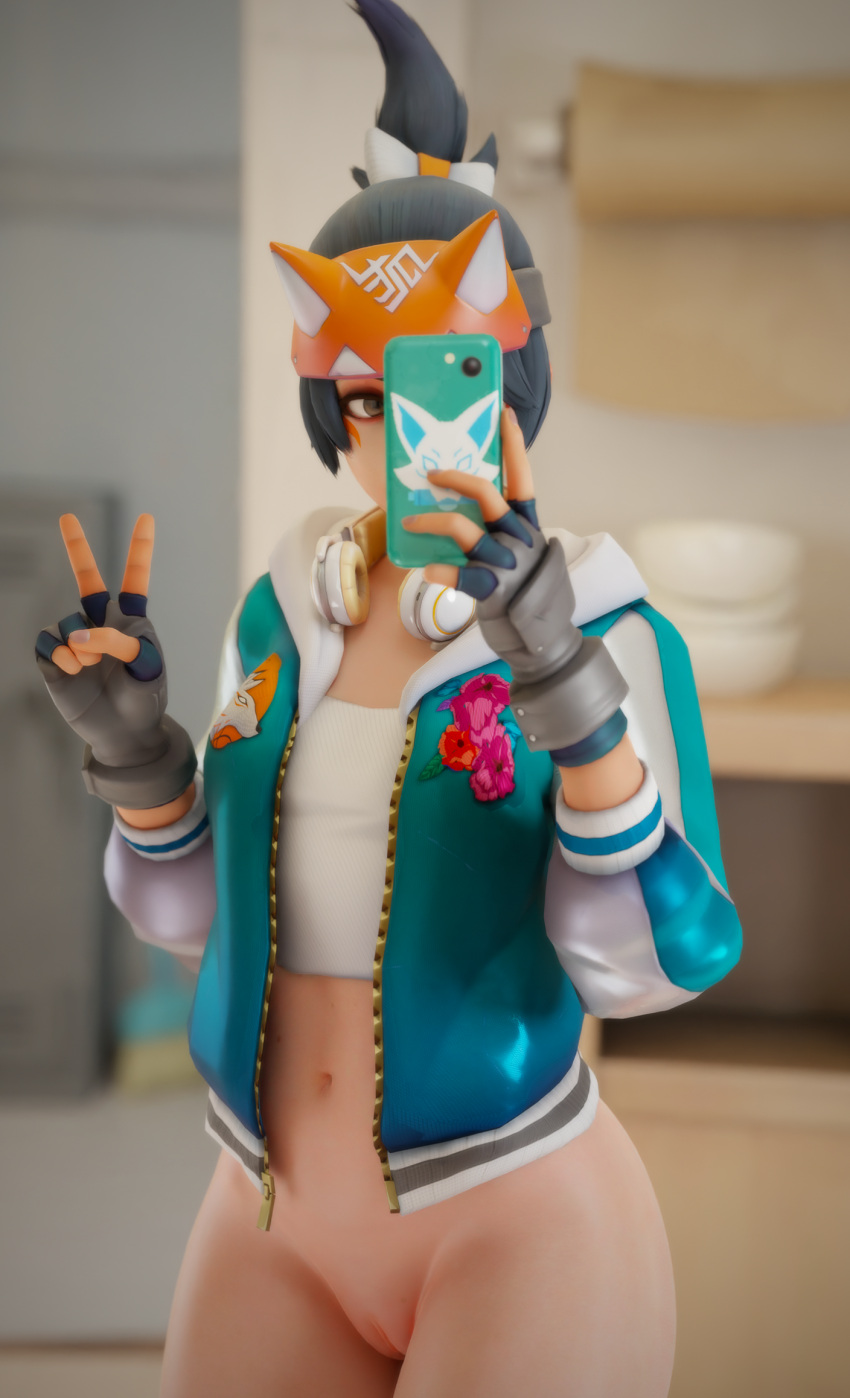 1girls 3d blender blizzard_entertainment bottomless bowtie clothed clothing face_markings facial_markings female female_focus female_only gloves half-dressed half_naked headband headphones headwear hooded_jacket hoodie jacket kiriko_(overwatch) light-skinned_female light_skin mirror mirror_selfie no_panties no_underwear overwatch overwatch_2 peace_sign phone ponytail presenting presenting_pussy pussy pussy_lips rwt4184 selfie shirt solo solo_focus standing sukajan sukajan_kiriko tank_top thick_thighs topwear vagina