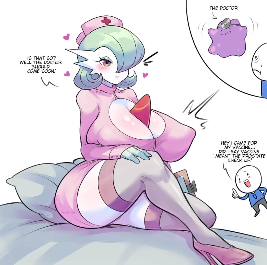 1boy 1girls anthro blush breasts chest_spike cleavage dialogue ditto english_text female gardevoir generation_1_pokemon generation_3_pokemon green_hair hair_over_one_eye high_heels huge_breasts male massive_breasts nintendo nurse nurse_costume pinkkoffin pokémon_(species) pokemon pokemon_(species) short_hair text thick_thighs thighhighs white_body white_skin