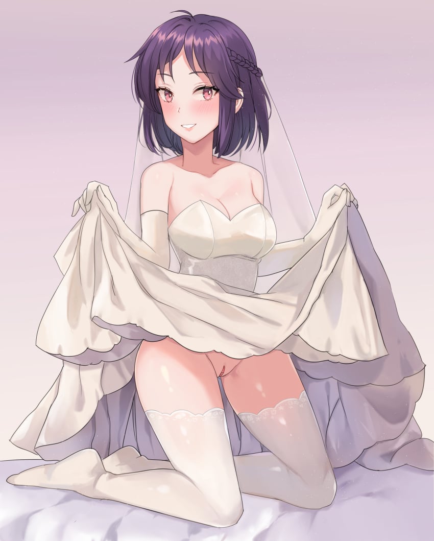 1girls braid bridal_gloves bridal_legwear bridal_veil bride dress dress_lift fault_milestone female kneeling kneesocks looking_at_viewer no_panties on_knees pink_eyes purple_hair pussy ritona_reighnvhasta skirt_lift smile smiling smiling_at_viewer solo vagina veil wedding_dress wedding_veil white_dress white_gloves white_socks