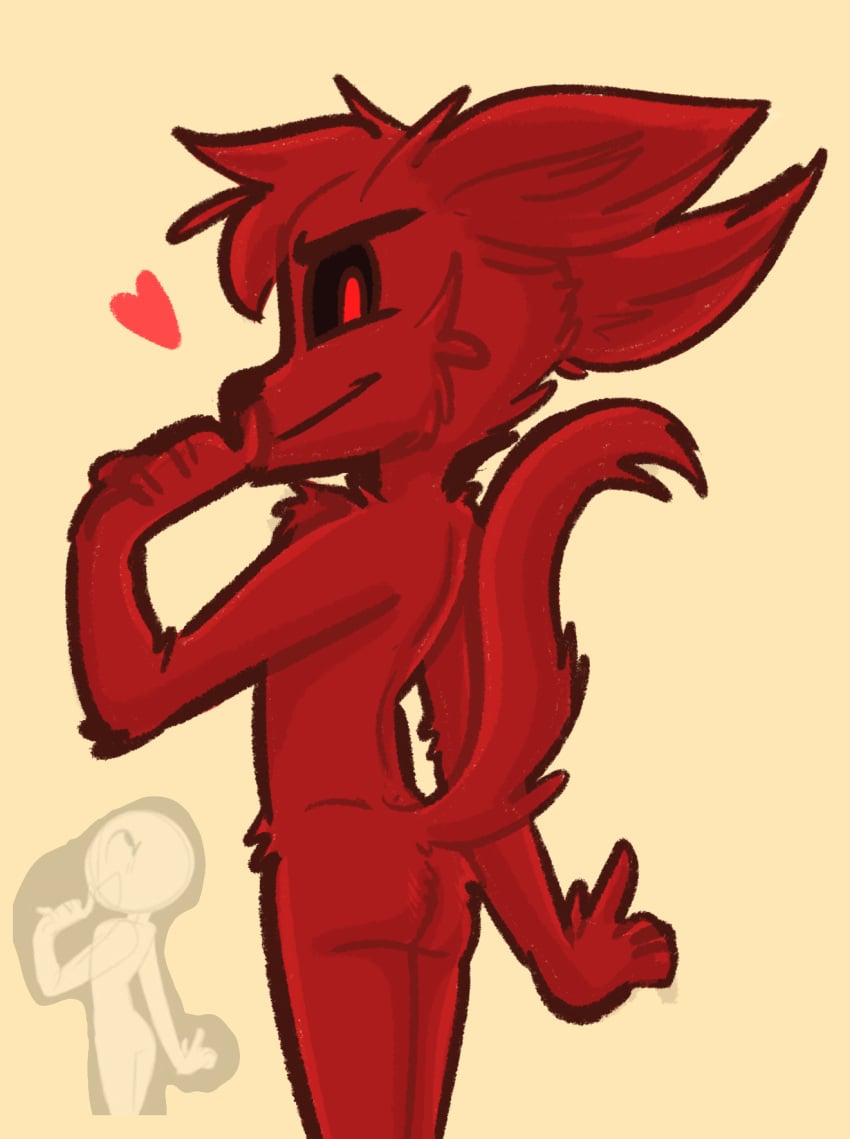 1:1 anthro ass black_sclera butt_focus canid canine canis damian_(zoophobia) demon domestic_dog heart hi_res looking_at_viewer male mammal nude posing presenting presenting_hindquarters reference simple_background smile smirk solarlewds solo zoophobia