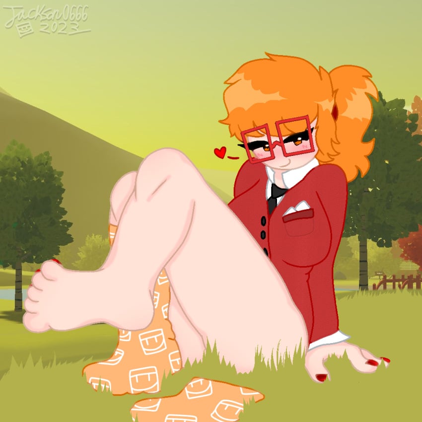 adult_only ass big_breasts coach_(recroom) feet feet_fetish foot_fetish footwear grass grass_field half_dressed half_naked heart hi_res highres no_panties no_pants one_sock orange_eyes orange_hair outdoors outside painted_nails painted_toenails ponytail rec_room rec_room_avatar recroom red_glasses seductive_smile simple_shading socks thick_ass thick_thighs trees vr vr_avatar wide_hips