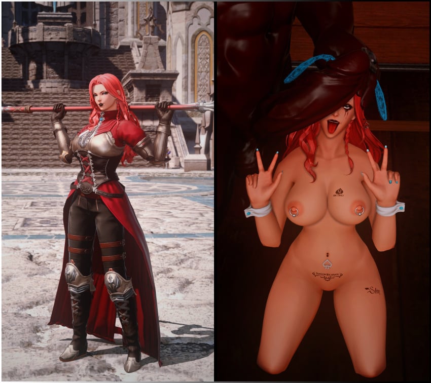 1boy 1girls 3d after_sex before_and_after belly_tattoo big_breasts big_penis bimbo blacked breast_tattoo breasts corruption dark-skinned_male dark_skin double_peace_sign double_v eyes_rolling_back fake_bunny_ears female final_fantasy final_fantasy_xiv gpose(ffxiv) highlander holding_head imminent_oral interracial kymestra large_breasts light-skinned_female light_skin lipstick male mascara_tears nipple_piercing nude older_male peace_sign penis penis_on_face pierced_nipples piercing qos queen_of_spades queen_of_spades_symbol raceplay runny_makeup slave slut_tattoo smug snowbunny spade_hair_ornament spade_navel_piercing spade_tattoo submissive submissive_female tattoo tattoos tongue_out turned_submissive v