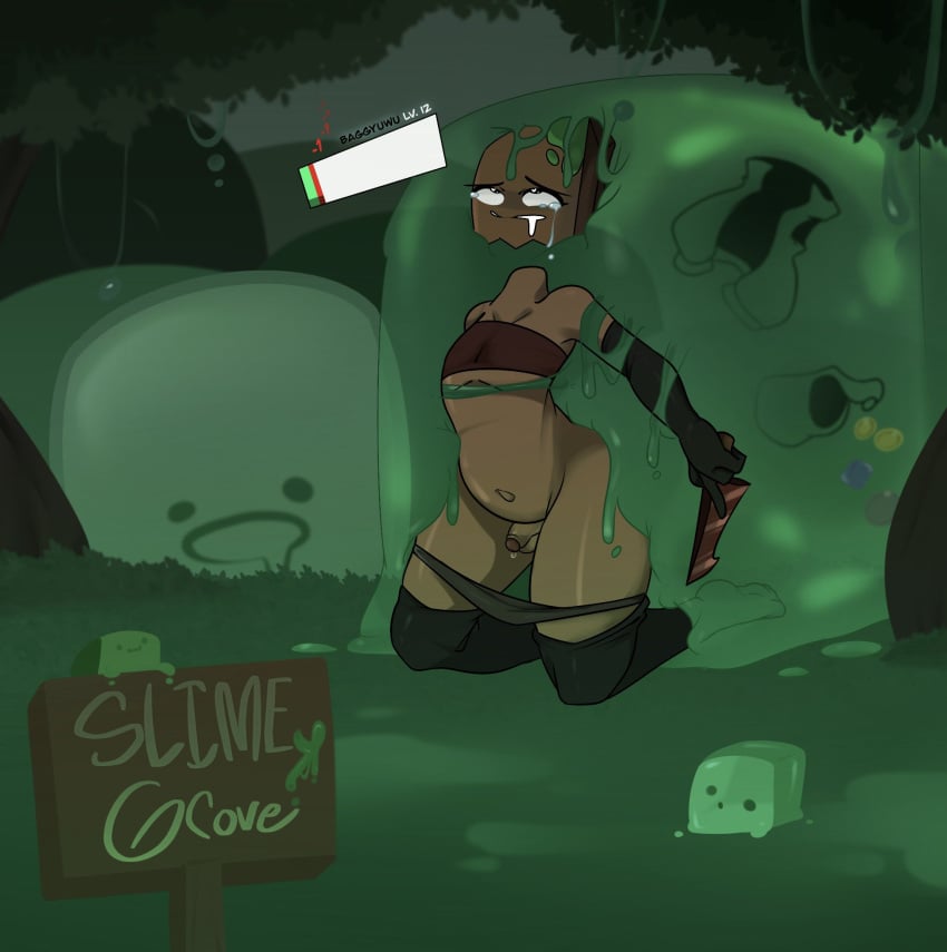 2023 armwear baggy_(treshbaggy) crying dark-skinned_male femboy forest health_bar moaning panties_down rpg self_upload slime slime_monster small_penis text thick_thighs thighhighs trapped treshbaggy