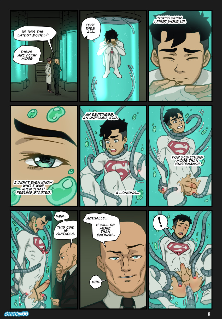 clone clones comic conner_kent dc_comics dcamu dcuaom experiment laboratory lex_luthor mechanical_tentacles nsfw page_1 penis person_in_a_container reign_of_the_supermen restrained suiton superboy superboy_(conner_kent) superboy_(dcamu) superman_(series) tentacle tentacle_on_male yaoi