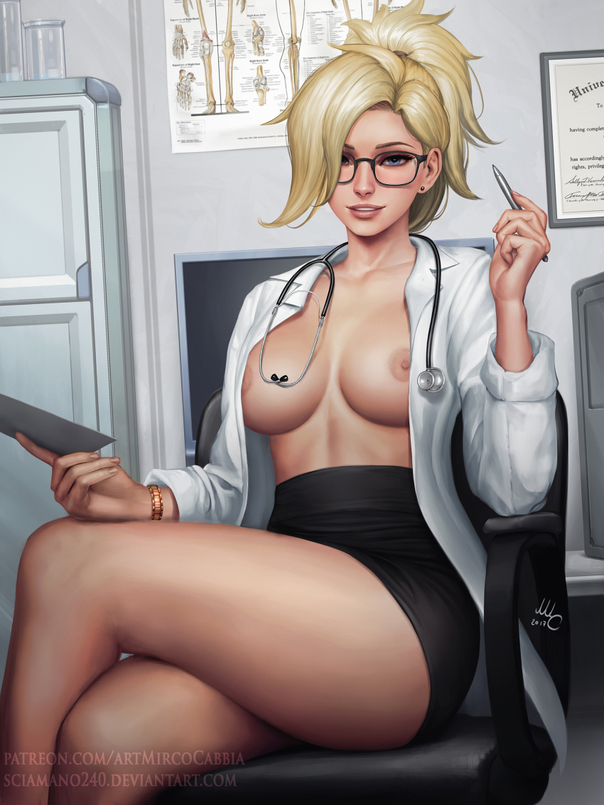 1girls 2010s 2017 activision areola areolae artist_name artist_signature big_breasts black_dress black_glasses black_skin blizzard_entertainment blonde_female blonde_hair blue_eyes breasts breasts_out clothed clothing crossed_legs doctor dress female glasses hair hair_over_one_eye hair_up hi_res high_resolution highres labcoat looking_at_viewer mercy mostly_clothed nipples open_clothes open_clothing open_shirt overwatch overwatch_2 patreon_reward patreon_url patreon_username pinup ponytail sciamano240 short_skirt sitting sitting_on_chair skirt stethoscope thick_thighs thighs thunder_thighs thunderthighs