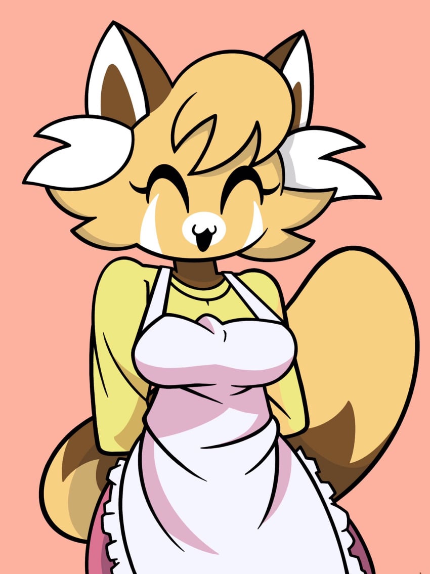 2022 ailurid anthro apron brown_body chikn_nuggit closed_eyes clothing drawfriend dress female fur hands_behind_back head_tuft hi_res inner_ear_fluff mammal mature_female multicolored_body multicolored_fur open_mouth open_smile pink_background red_panda sassparilla_(chikn_nuggit) simple_background smile solo tan_body tan_fur tuft white_body