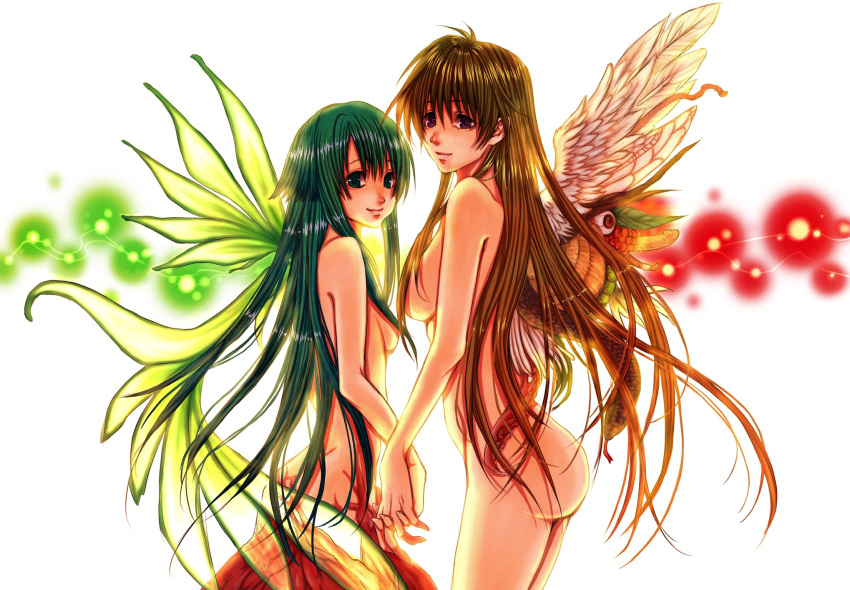 2girls angel_wings ass breasts brown_eyes brown_hair commentary_request completely_nude cowboy_shot crossover eyeball feathered_wings glowing glowing_wings green_hair green_wings guro highres holding_hands interlocked_fingers intestines long_hair looking_at_viewer looking_back medium_breasts monster_girl multiple_girls nude penis purple_eyes saitou_nekoichi saya_(saya_no_uta) saya_no_uta sayonara_wo_oshiete small_breasts smile snake spoilers sugamo_mutsuki tentacle transformation very_long_hair white_background wings