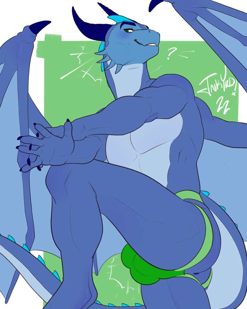 absurd_res anthro anus ass blue_body blue_horn blue_wings bulge clothed clothing dragon green_clothing green_eyes green_jockstrap green_underwear hi_res horn jnkyrd jockstrap jockstrap_only male pose scalie smile solo spiked_tail spikes spikes_(anatomy) stretching tangent topless underwear underwear_only western_dragon wings