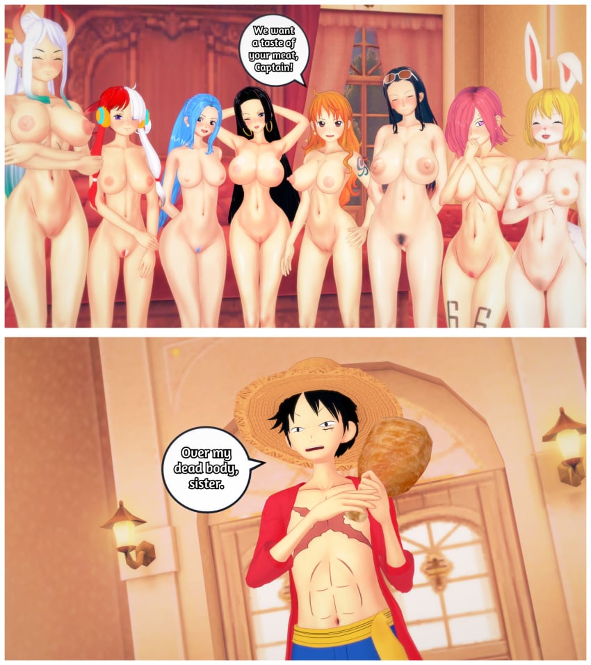 1boy 3d 6+girls 8girls boa_hancock breasts carrot_(one_piece) english_text female funny humor knockwolf male meat monkey_d_luffy multiple_girls nami nefertari_vivi nico_robin nude one_piece post-timeskip pussy refusal tattoo text uta_(one_piece) vinsmoke_reiju yamato_(one_piece)