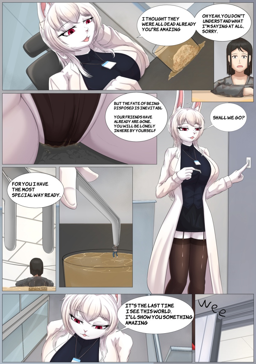 2023 anthro clothed clothing comic dialogue digital_media_(artwork) english_text extreme_size_difference eyebrows eyelashes female fingers garter_straps hair hi_res human lagomorph legwear leporid mammal micro open_mouth rabbit red_eyes size_difference son2j text thighhighs white_hair