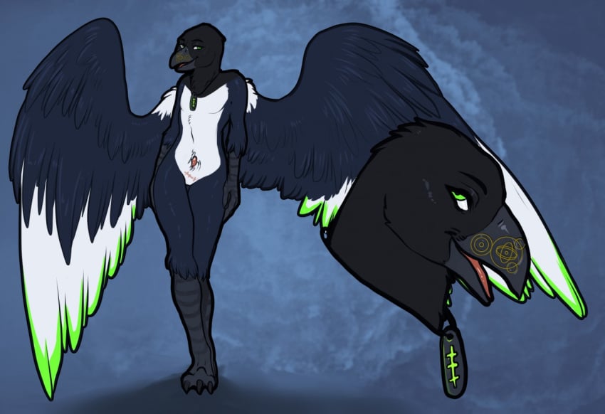 anthro avian beak beak_markings bird child_of_atom coa cock_and_ball_torture corvid eunuch genital_torture girly glowing magpie_(corvid) male markings nude oscine passerine solo torakuta tritium