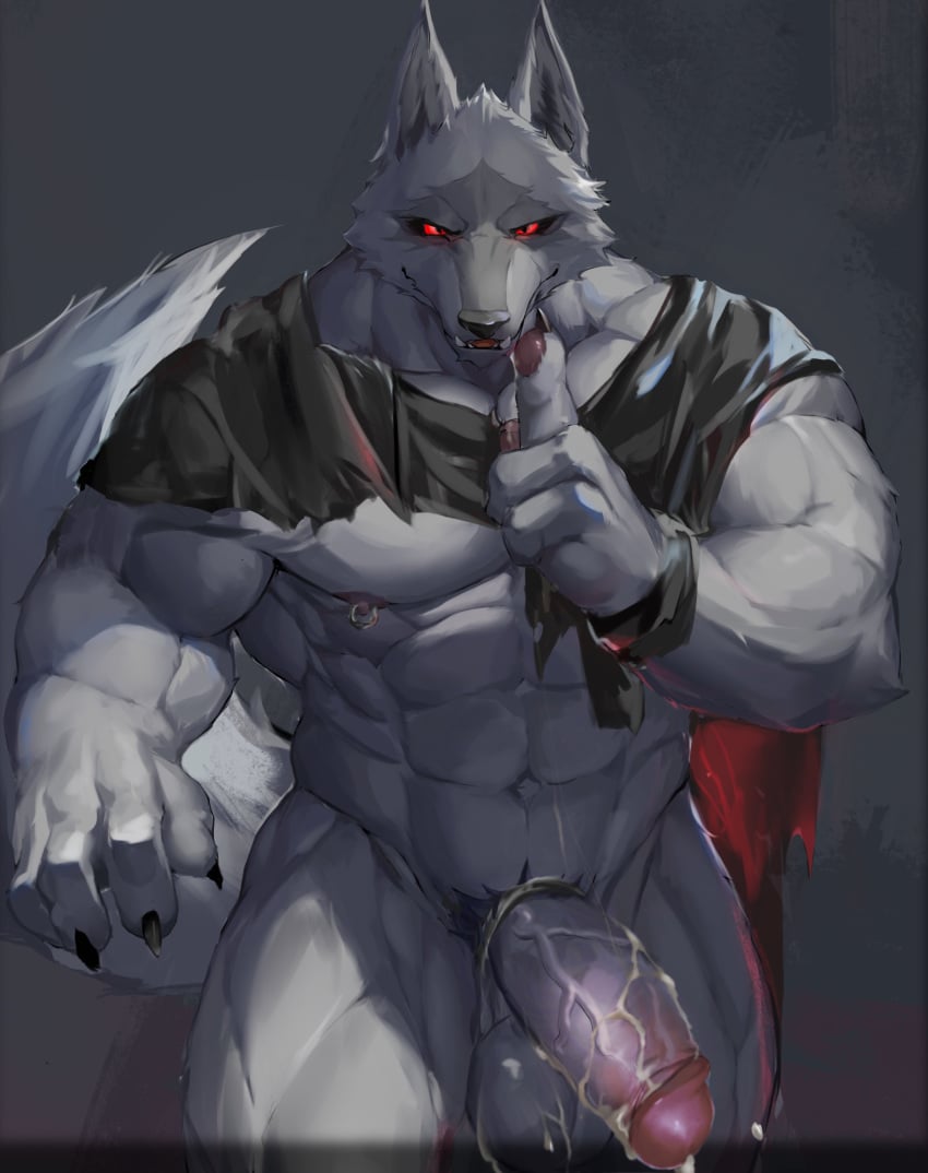 2023 4_fingers abs absurd_res anthro balls bodily_fluids canid canine canis claws cum death_(puss_in_boots) digital_media_(artwork) dreamworks fingers foooooxes fur genital_fluids genitals grey_body grey_fur hi_res looking_at_viewer male male_only mammal muscular muscular_anthro muscular_male nipple_piercing nipples obliques pecs penis piercing pubes puss_in_boots_(dreamworks) puss_in_boots_the_last_wish red_eyes serratus simple_background solo wolf