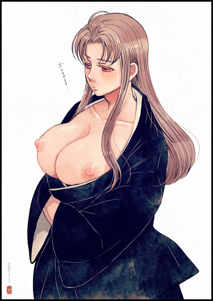 arms_crossed_under_breasts big_breasts blush breasts_out brown_hair cleavage crossed_arms female female_only genderswap_(mtf) gintama hi_res kimono light_brown_hair long_hair mtsjoy4 no_bra open_kimono red_eyes rule_63 solo utsuro_(gintama)