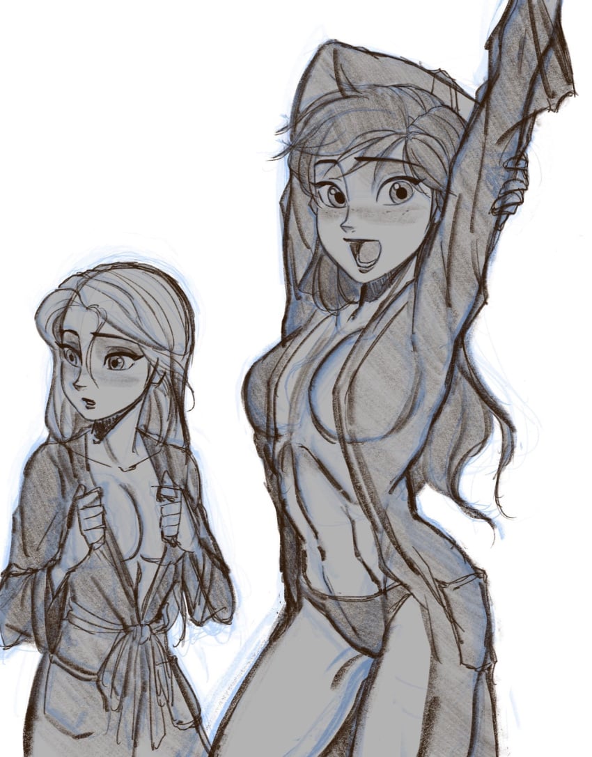 2girls anna_(frozen) cleavage disney disney_princess elsa_(frozen) female_only frozen_(film) mego_yang no_bra no_color open_clothes panties robe sisters sketch stretching yang_mego