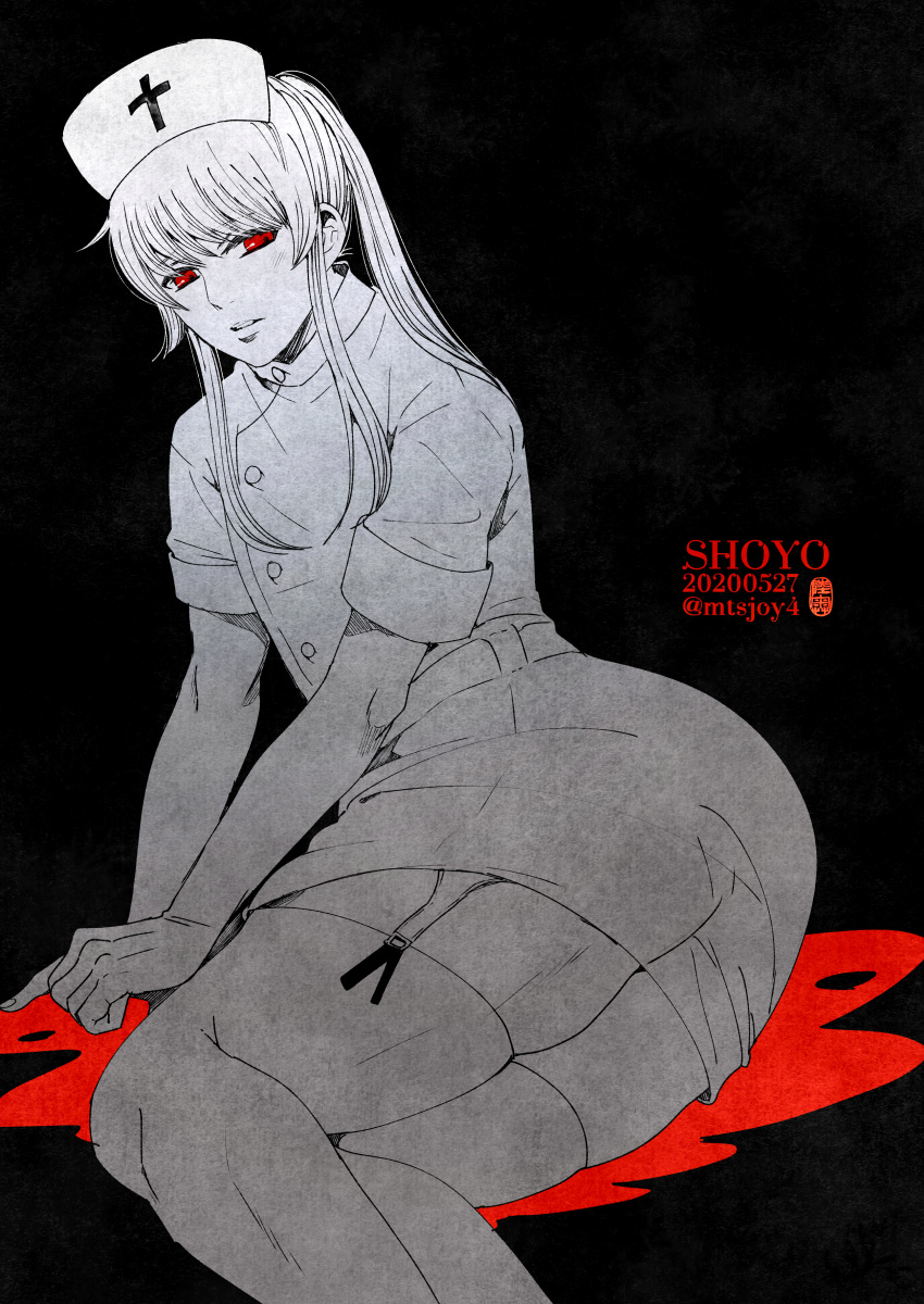 alternate_costume androgynous black_background crossdressing garter_straps gintama long_hair male male_only mtsjoy4 nurse nurse_cap nurse_uniform on_side ponytail red_eyes restricted_palette solo spot_color stockings thick_thighs thighhighs yoshida_shouyo zettai_ryouiki