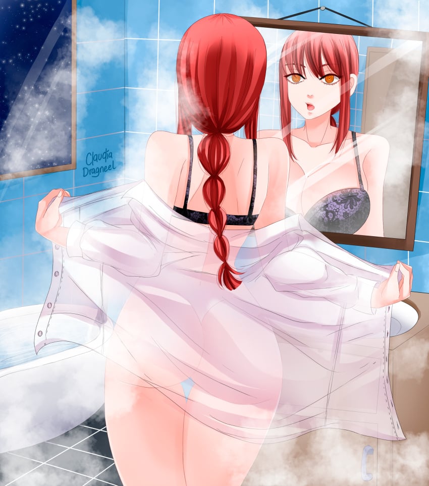 ass bathroom bottomless braided_ponytail chainsaw_man claudia_dragneel facing_away lingerie makima_(chainsaw_man) mirror mirror_reflection red_hair see-through_clothing steam undressing unusual_pupils