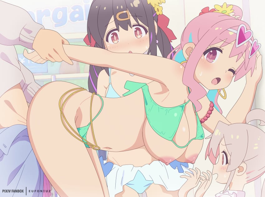 1boy 2023 3girls bikini black_hair blush breasts eufoniuz fffm_foursome flower foursome green_bikini hair_flower hair_ornament hairclip highres hozuki_kaede large_breasts light-skinned_female light-skinned_male light_skin long_hair nipples one_eye_closed onii-chan_wa_oshimai! open_mouth oyama_mahiro oyama_mihari pink_hair red_eyes sex studio_bind swimsuit