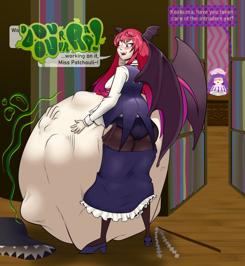 4girls burping demon_wings digestion_noises female_only female_pred high_heels koakuma laced_panties library marisa_kirisame multiple_girls panties patchouli_knowledge reimu_hakurei struggling_prey topmostzozzle touhou vore