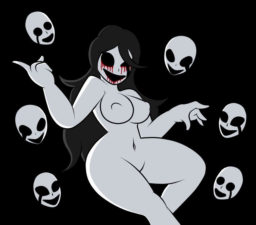 1girls 4_fingers absurdres big_breasts black_background black_hair blood breasts completely_nude completely_nude_female female female_only ghost ghost_girl her_(imscared) imscared long_hair mask naked naked_female navel nightmare_waifu nipple_bulge nude nude_female simple_background smile smiling smiling_at_viewer solo thick_thighs thighs void_eyes wavy_hair white_body white_skin wide_hips wink yurii_(artist) zaftero_(artist)