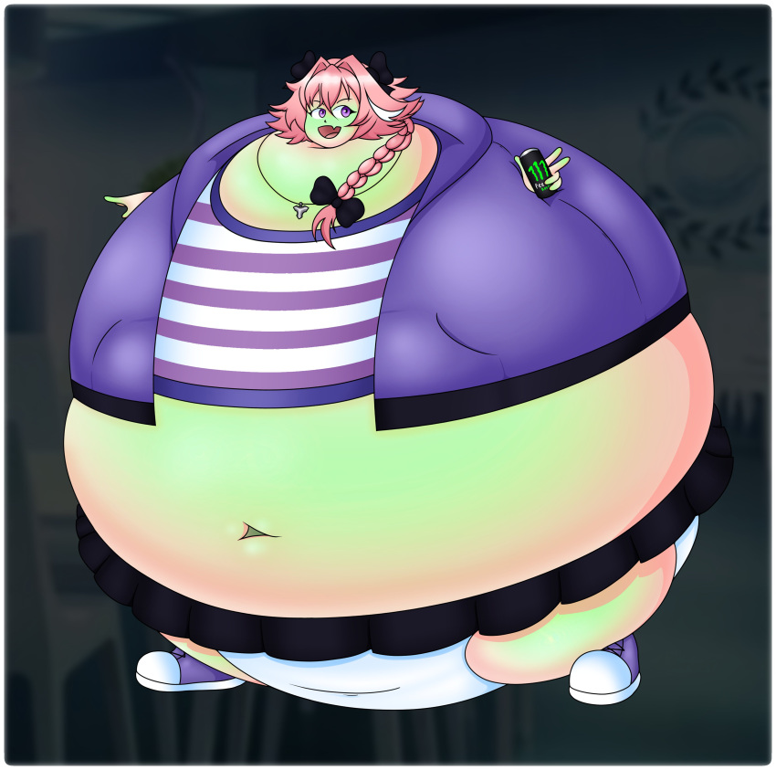 1boy astolfo_(fate) drink drink_inflation fate_(series) femboy full_body_inflation inflation inflation_fetish monster_energy panties skin_turning_green soda spherical_inflation sunken_head sunken_limbs