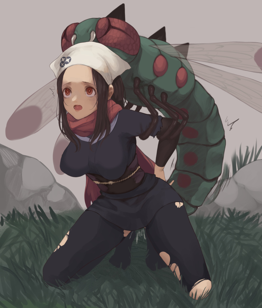 1girls akari_(pokemon) arm_grab arms_behind_back bestiality black_hair black_legwear black_shirt black_skirt blush brown_eyes bug clothed_sex clothing egg_laying female forehead from_behind game_freak grass grey_sky head_scarf highres implied_sex insect insectophilia interspecies kneeling long_hair male nintendo open_mouth pantyhose penetration pokemon pokemon_(game) pokemon_(species) pokemon_legends:_arceus pokephilia rape red_eyes red_scarf rock ryu_insect ryuu scarf shirt skirt spread_legs torn_clothes torn_pantyhose vaginal_penetration wide_eyed wide_hips yanmega zoophilia