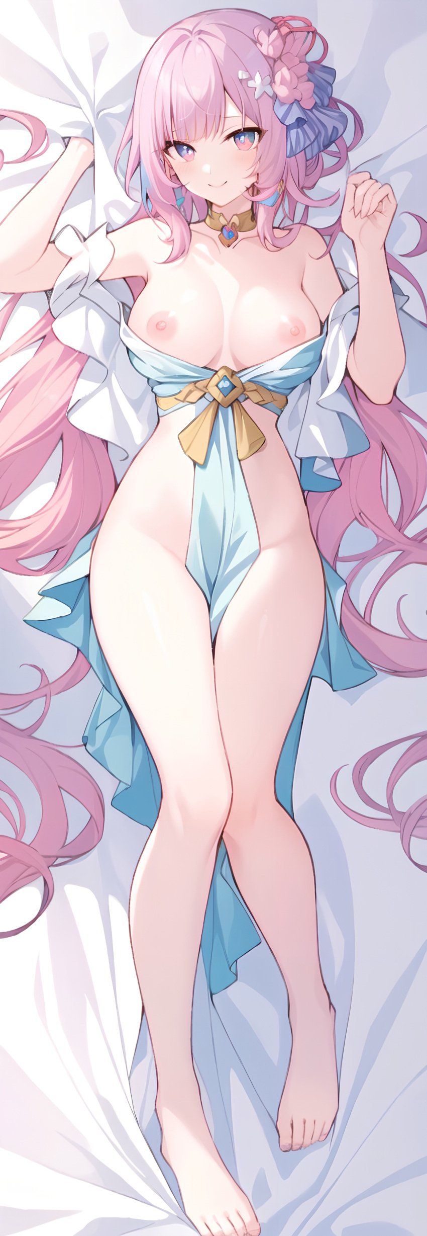 1girls ai_generated bed benghuai_xueyuan blush breasts dakimakura elysia_(honkai_impact) female_focus hair_ornament honkai_impact_3rd long_hair multicolored_eyes nipples pink_hair smile solo solo_female thighs uncensored