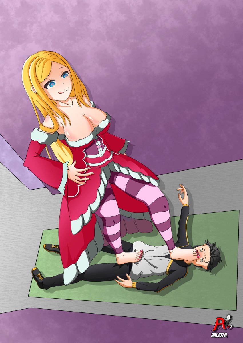 aged_up alternate_breast_size arlioth barefoot beatrice_(re:zero) blonde_hair denki_anma dominant_female domination floor_mat foot_domination foot_fetish foot_on_face foot_on_penis foot_worship footjob footjob_over_clothes nail_polish natsuki_subaru older_female on_back re:zero_kara_hajimeru_isekai_seikatsu standing standing_footjob standing_on_person standing_sex stepped_on stepping_on_penis straight submissive_male symbol-shaped_pupils tall_female taller_female taller_girl teasing tongue_out trample trampling younger_male