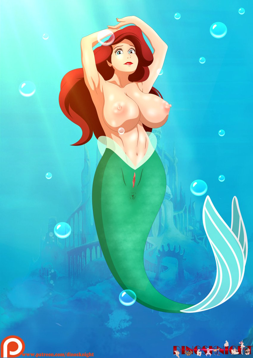 absurd_res ariel ariel_(the_little_mermaid) armpits arms arms_above_head arms_raised belly belly_button big_breasts blue_eyes breasts bubble bubbles casual dinosknight disney disney_princess ears eyebrows eyelashes female fish_scales fish_tail genitals hair hands hands_above_head hi_res huge_breasts kingdom_hearts large_breasts lips lipstick long_hair looking_at_viewer mermaid mermaid_girl mermaid_princess mermaid_tail monster_girl_(genre) nipples nose ocean pale_skin patreon patreon_username pussy red_hair red_lips red_lipstick scales solo text the_little_mermaid the_little_mermaid_(1989_film) underwater url vagina