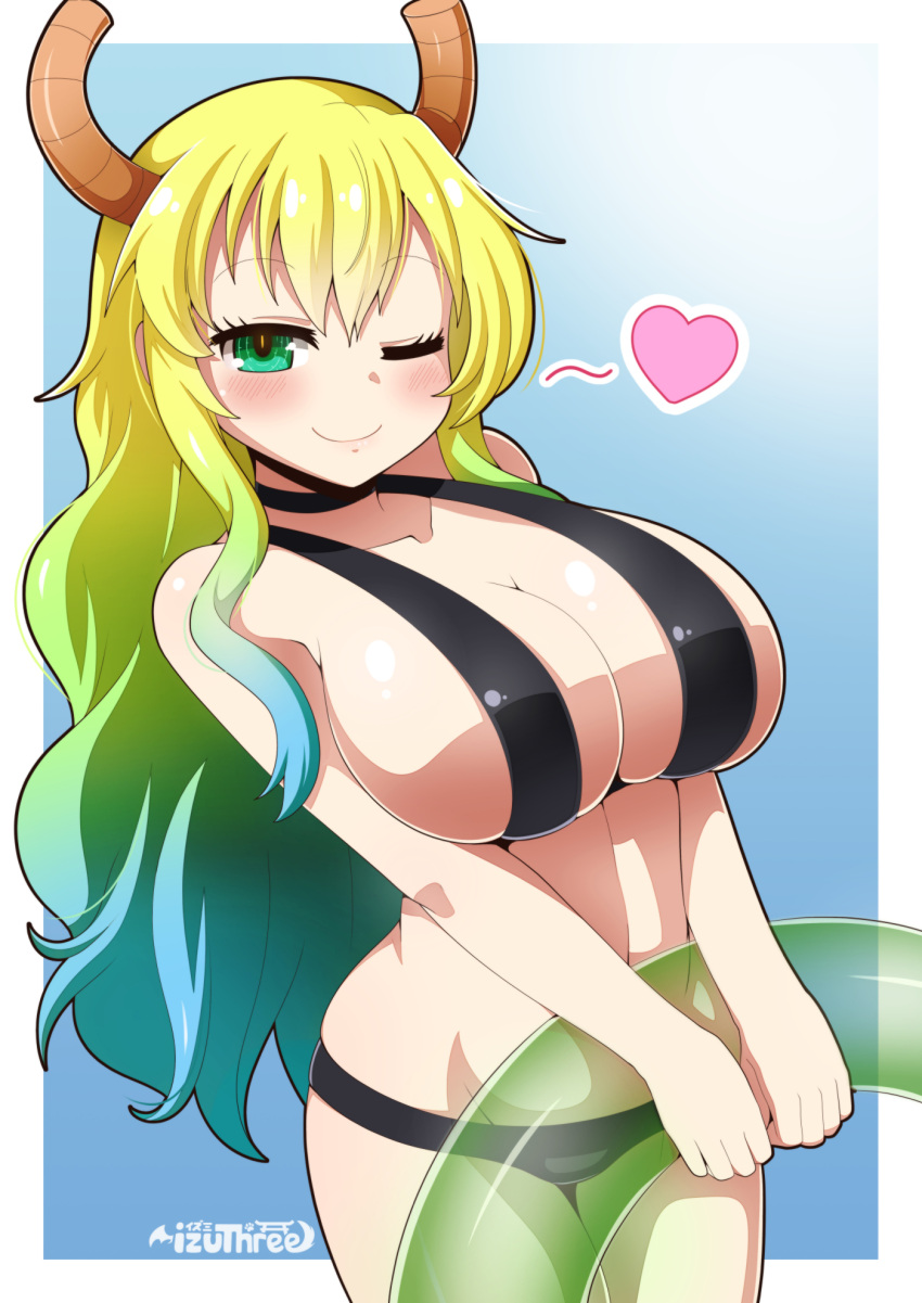 1girls big_breasts bikini bikini_bottom bikini_top black_bikini blonde_hair blush breasts cleavage female female_only green_eyes hair heart horns huge_breasts izuthree large_breasts long_hair mature mature_female mature_woman miss_kobayashi's_dragon_maid one_eye_closed quetzalcoatl_(dragon_maid) smile solo solo_female spoken_heart swimsuit swimwear two_tone_hair wink winking