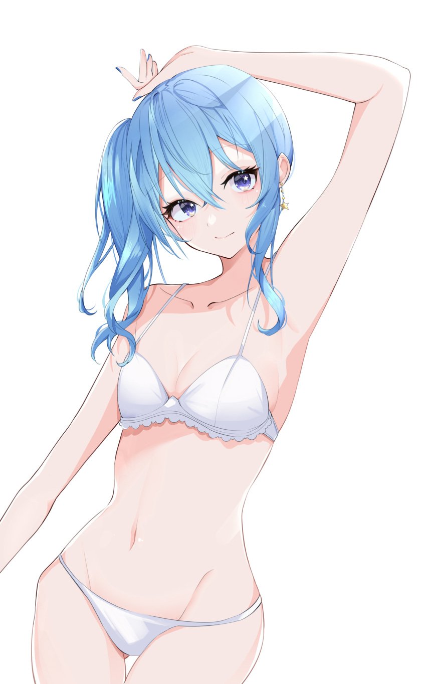 absurdres arm_up armpits ass_visible_through_thighs bangs blue_eyes blue_hair blush bra breasts cleavage collarbone commentary dreamoon earrings female highres hololive hololive_gen_0 hololive_japan hoshimachi_suisei jewelry long_hair looking_at_viewer panties side_ponytail simple_background small_breasts smile solo star_(symbol) star_earrings star_in_eye symbol_in_eye thigh_gap underwear virtual_youtuber white_background white_bra white_panties