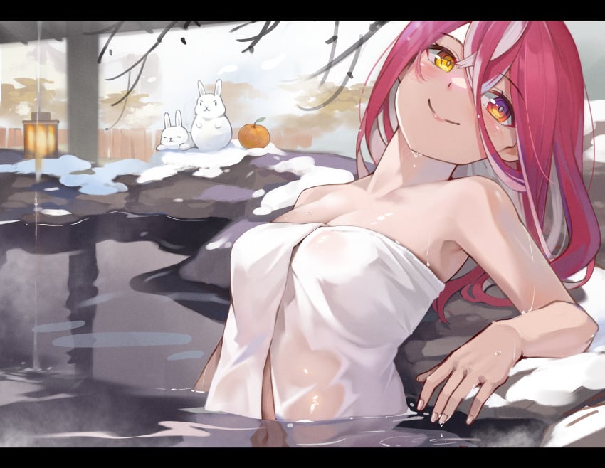 absurdres bare_shoulders bathing breasts bright_pupils cleavage closed_mouth collarbone female grey_hair heterochromia highres hololive hololive_fantasy hololive_japan houshou_marine lantern long_hair looking_at_viewer medium_breasts multicolored_hair naked_towel navel onsen orange_eyes partially_submerged pink_hair rabbit red_eyes red_hair smile snow solo streaked_hair towel virtual_youtuber water yellow_eyes yoshikawa_hiro