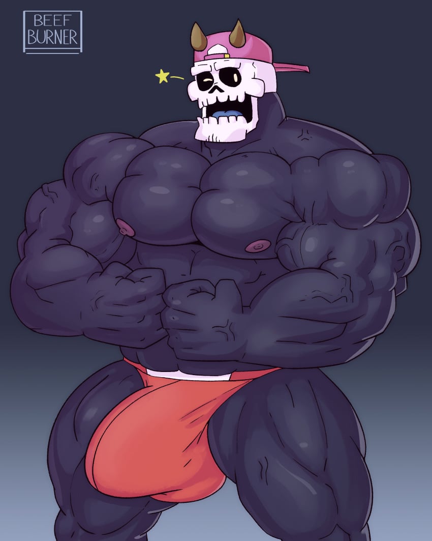 4:5 abs absurd_res barazoku beefburner biceps big_bulge big_muscles big_penis black_body bone bulge clothed clothing digital_media_(artwork) duncan_(beefburner) flaccid genitals hat headgear headwear hi_res horn huge_bulge huge_cock humanoid hyper hyper_bulge hyper_genitalia hyper_penis male male_only mammal muscular muscular_humanoid muscular_male muscular_thighs not_furry one_eye_closed open_mouth partially_clothed pecs penis simple_background skull skull_head solo solo_male star thick_thighs wink