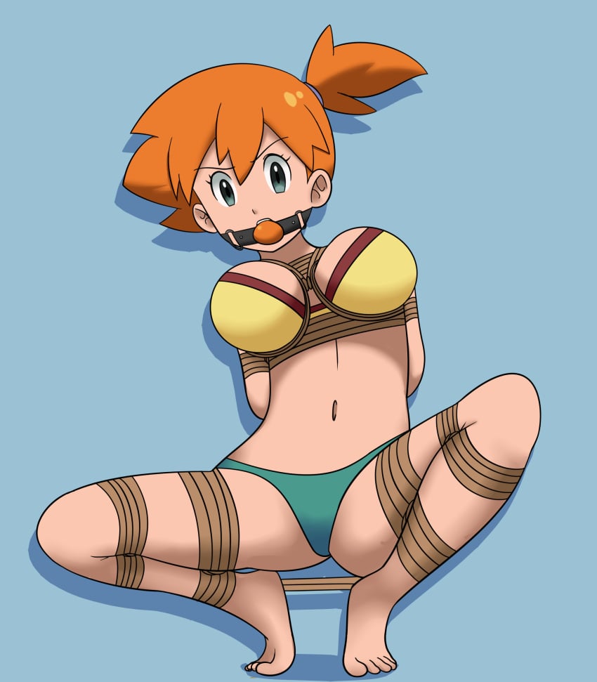 1girls arms_tied_behind_back ball_gag blue_eyes bondage bra breasts dankestofdans female female_only frogtie gag gagged green_panties kasumi_(pokemon) large_breasts legs_tied looking_at_viewer midriff misty_(pokemon) navel nintendo orange_ball_gag orange_hair panties pokemon pokemon_rgby rope rope_between_breasts rope_bondage shibari_over_clothes short_hair side_ponytail solo yellow_bra