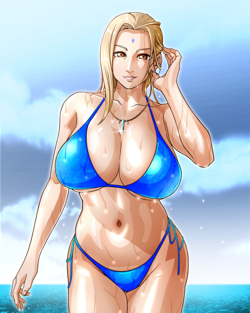 1girls big_breasts bikini bikini_bottom bikini_top blonde_hair blue_bikini breasts brown_eyes cleavage female female_only forehead_jewel hair huge_breasts large_breasts lips mature mature_female mature_woman milf naruto necklace neckwear saburo_des solo solo_female swimwear thighs tsunade wet wet_body