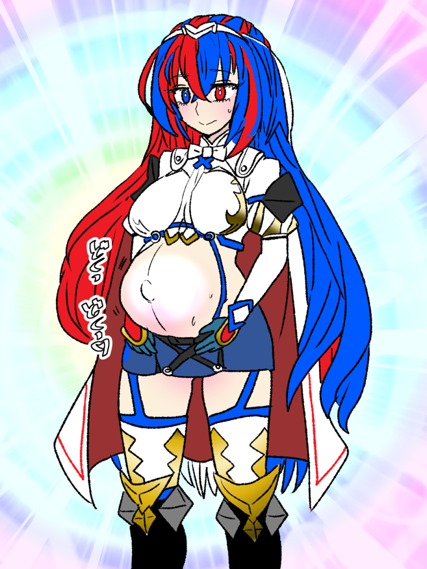 1girls alear_(female)_(fire_emblem) alear_(fire_emblem) bare_thighs blue_eyes blue_hair breasts cape female female_only fire_emblem fire_emblem_engage garter_straps gloves heterochromia kuroihi_(kuroihitsuji) large_breasts long_hair multicolored_hair nintendo pregnant red_eyes red_hair solo sweat thighhighs thighs two_tone_hair very_long_hair