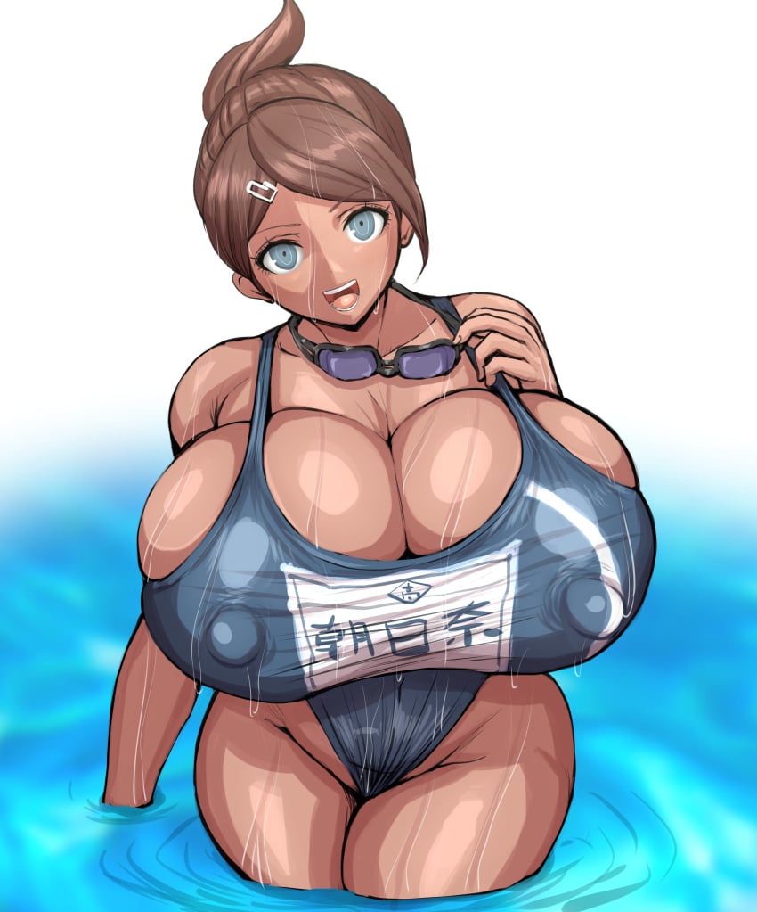 alternate_breast_size asahina_aoi blue_eyes brown_hair danganronpa danganronpa:_trigger_happy_havoc dark-skinned_female dark_skin female_only gigantic_breasts hairclip hips in_water nipples nipples_visible_through_clothing ponkotsuu pool poolside school_swimsuit straight_hair swimmer swimming_goggles swimming_pool swimsuit swimwear tanned_skin venus_body water wet wet_clothes wet_skin