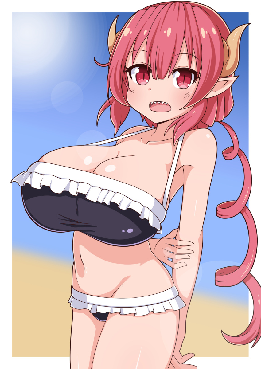 1girls big_breasts bikini bikini_bottom bikini_top breasts cleavage fangs female female_only hair horns huge_breasts ilulu_(dragon_maid) izuthree large_breasts miss_kobayashi's_dragon_maid pointy_ears red_eyes red_hair short_hair shortstack solo solo_female swimsuit swimwear