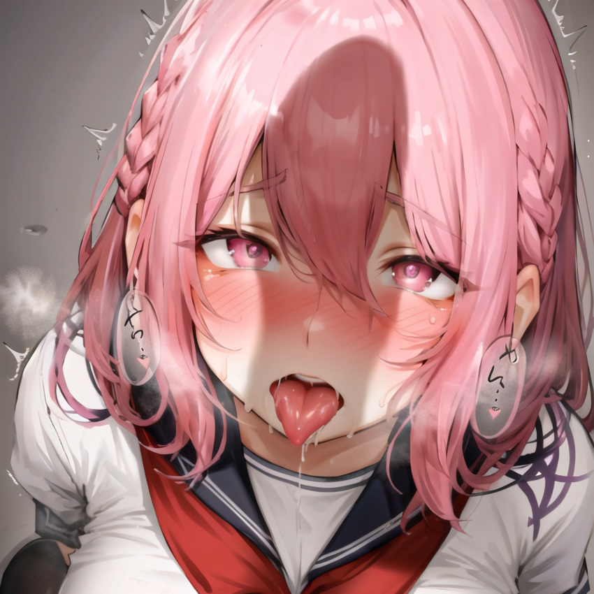 1boy 1girls ai_generated bangs blush braid breasts erection hair_between_eyes heart heavy_breathing large_breasts looking_at_viewer myrr neckerchief open_mouth penis penis_awe pink_eyes pink_hair red_neckerchief sailor_collar saliva school_uniform serafuku shirt solo_focus stable_diffusion straight sweat tongue tongue_out trembling upper_body voluptuous voluptuous_female white_shirt