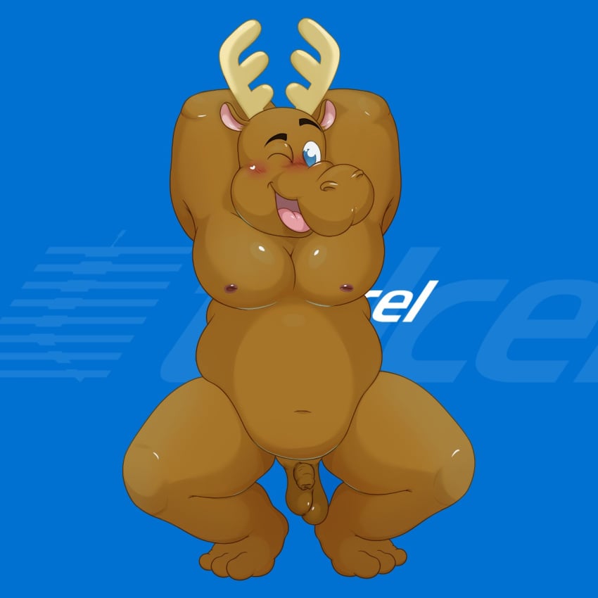 1:1 2023 anthro balls belly blue_eyes blush brown_body capreoline clumsydrawing deer genitals hi_res male mammal moobs navel nipples one_eye_closed overweight overweight_male penis reindeer renato_(telcel) solo telcel wink