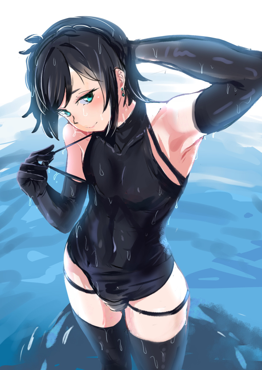 1boy absurdres androgynous armpits black_hair blue_eyes bulge clothes_pull doushi_tatsu_to_dekkai_no earrings elbow_gloves erection erection_under_clothes full_body genderswap_(ftm) gloves head_tilt highres hot_limit jewelry kantai_collection latex latex_gloves latex_thighhighs looking_at_viewer male_focus male_only matsukaze_(kantai_collection) navel one-piece_swimsuit rule_63 short_hair skin_tight smile standing swimsuit thighhighs wading