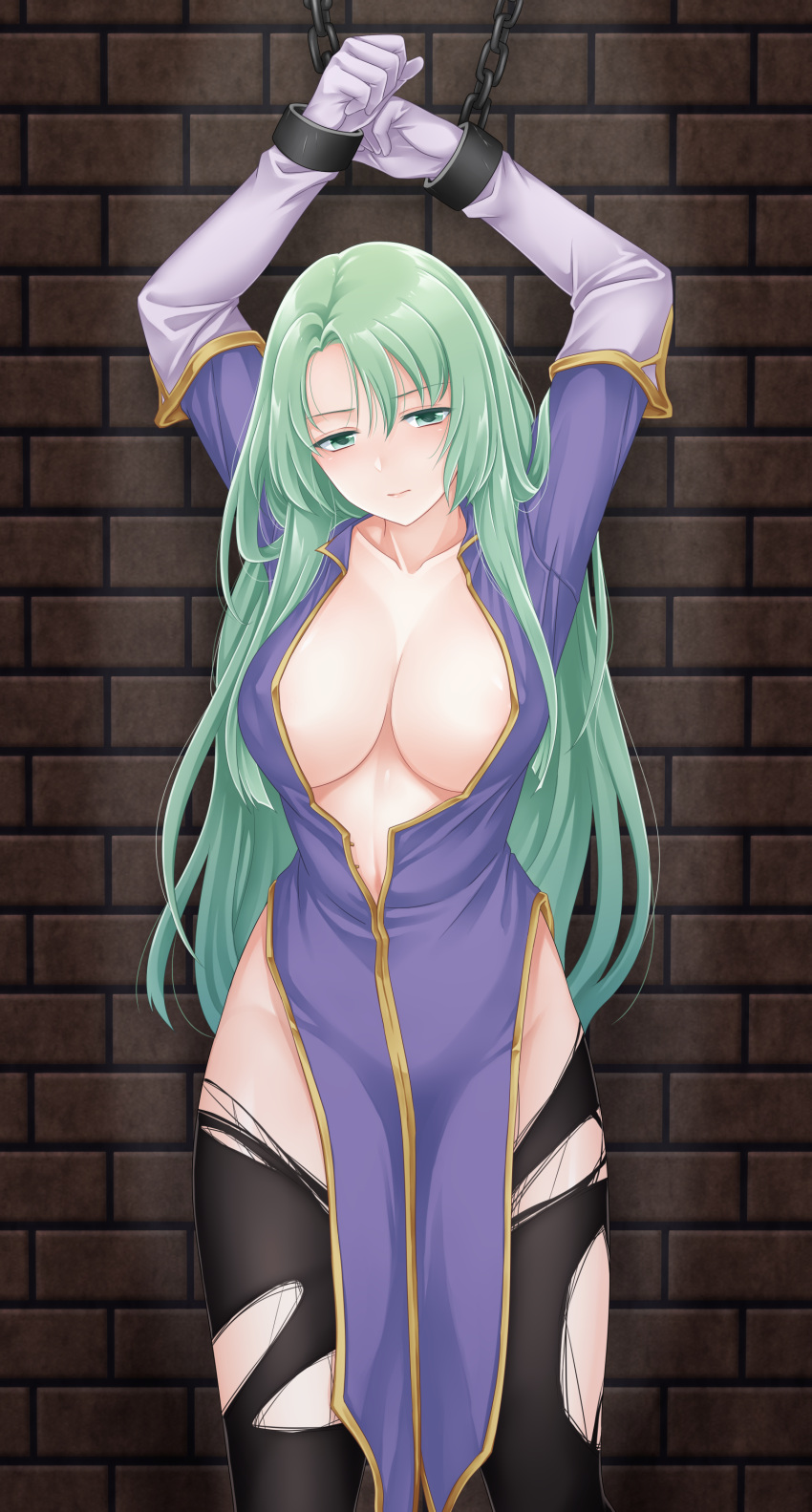 1girls absurdres arms_up bare_thighs black_pantyhose bondage bound breasts brick_wall cecilia_(fire_emblem) chain cleavage collarbone cowboy_shot cuffs dress elbow_gloves female female_only femsub fire_emblem fire_emblem:_the_binding_blade gloves green_eyes green_hair ham_pon highres large_breasts legs long_hair nintendo open_clothes pantyhose pelvic_curtain purple_dress restrained shackles solo thighs tied_up_(nonsexual) torn_clothes torn_pantyhose very_long_hair white_gloves