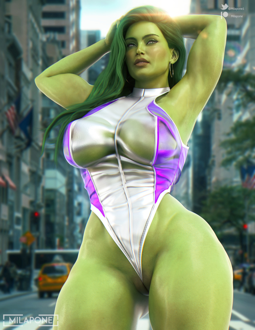 1girls 3d 3d_(artwork) artist_name big_breasts breasts cameltoe curvy curvy_figure earring female female_only glare_(lighting) green-skinned_female green_hair green_skin heroine hi_res hoop_earring hulk_(series) large_breasts leotard marvel marvel_comics milapone muscular muscular_female pose posing see-through_clothing she-hulk solo solo_female superheroine thick_thighs thong_leotard visible_nipples vulva wide_hips