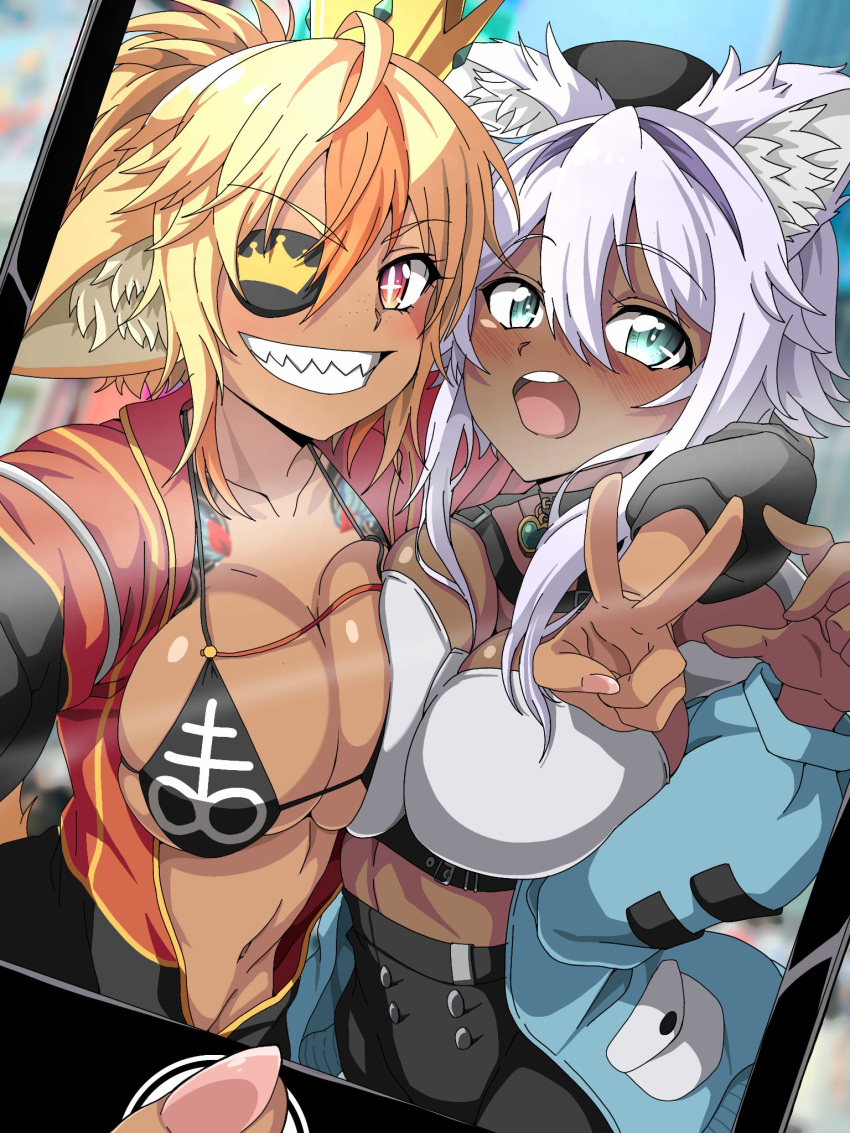 2girls big_breasts blonde_hair blush blush_lines blushing bra breasts collar collarbone covered_nipples crown dark-skinned_female dark_skin eyepatch fan_character fang fluffy fluffy_ears fluffy_hair fluffy_tails hair hair_between_eyes jacket large_ass looking_at_viewer oc orange_eyes orange_hair original original_character original_characters peace_sign phone phone_screen photo picture purple_hair ryohei_29 selfie shark_teeth teeth toned toned_female two_tone_hair violet_hair yellow_hair