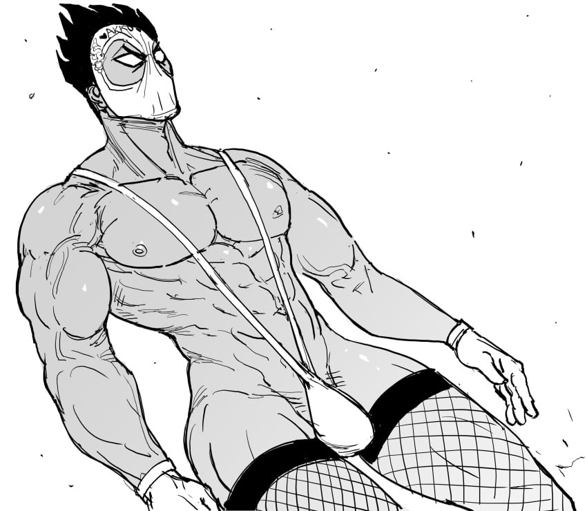 1boy bb_(baalbuddy) black_hair bulge empty_eyes fishnet_stockings fishnets gloves hentai_kamen male male_only mankini mask monochrome muscles muscular muscular_male penis_bulge shikijou_kyousuke sling_bikini solo very_high_resolution white_background white_mankini