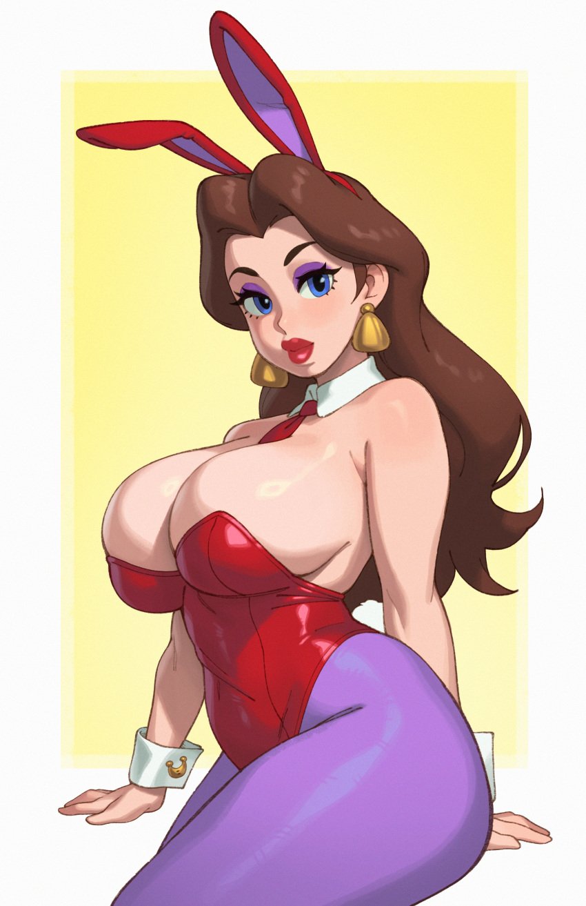 1girls barely_contained big_hips big_lips blue_eyes breasts brown_hair bunny_ears bunny_girl bunnysuit cleavage female female_only gold_earrings huge_breasts looking_at_viewer mario_(series) nintendo object_between_breasts pauline purple_eyeshadow purple_legwear red_lipstick red_tie rizdraws shiny_hair shiny_skin shirt_collar shirt_cuffs simple_background solo source_request super_mario_odyssey tie tie_between_breasts white_background wide_hips year_of_the_rabbit yellow_background